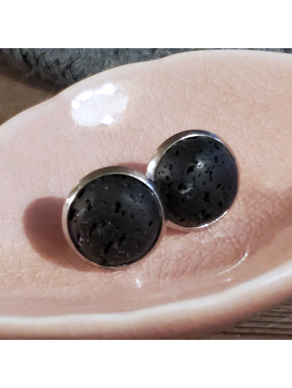 Silver Plated Domed Black Volcanic Lava Aromatherapy Cabochon Stud Earrings